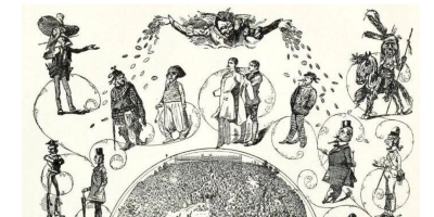 Dozens of figures represent various characters and scenarios. They hover around a textured, topographical globe, which is in the center of the image. At the bottom, a woman lies on a couch, perhaps dreaming all the people and the world.